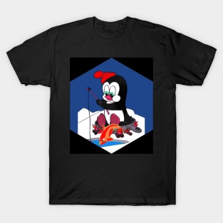 : Cartoon Penguin Ice Fishing Surreal Abstract Print T-Shirt